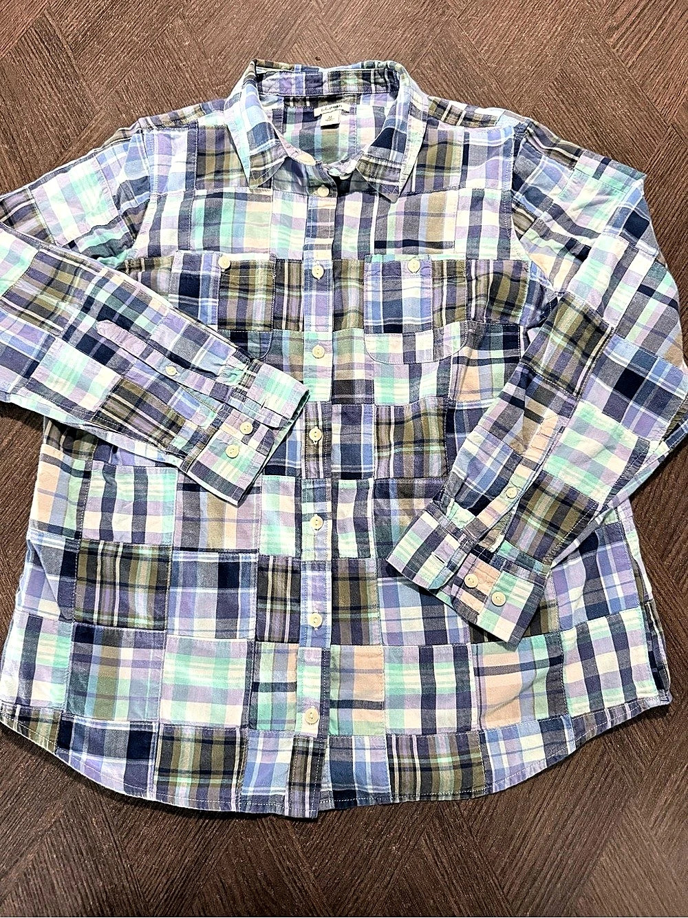 L.L.Bean Women’s Patchwork Plaid Button Down Shirt Pastel Blue, Purple & Green M